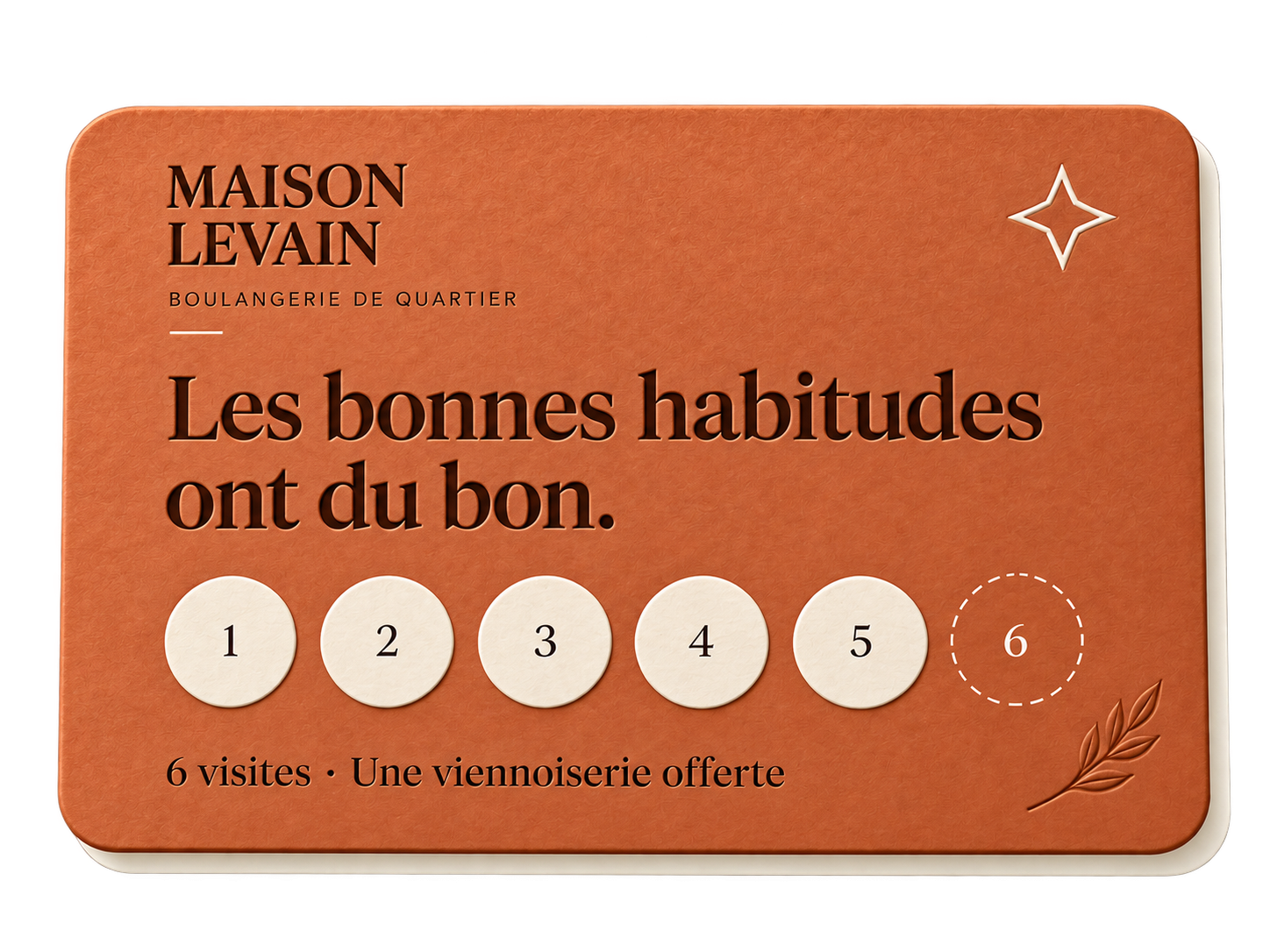 Carte de fidélité orange Maison Levain, boulangerie de quartier : cinq tampons sur six et une viennoiserie offerte